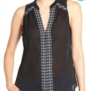 🌿"PAIGE" Black Sleeveless  with Embroidered Detail Cotton Top, Size Small